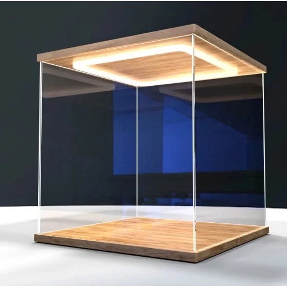 Hộp mica trong suốt nắp và đế gỗ có đèn LED
