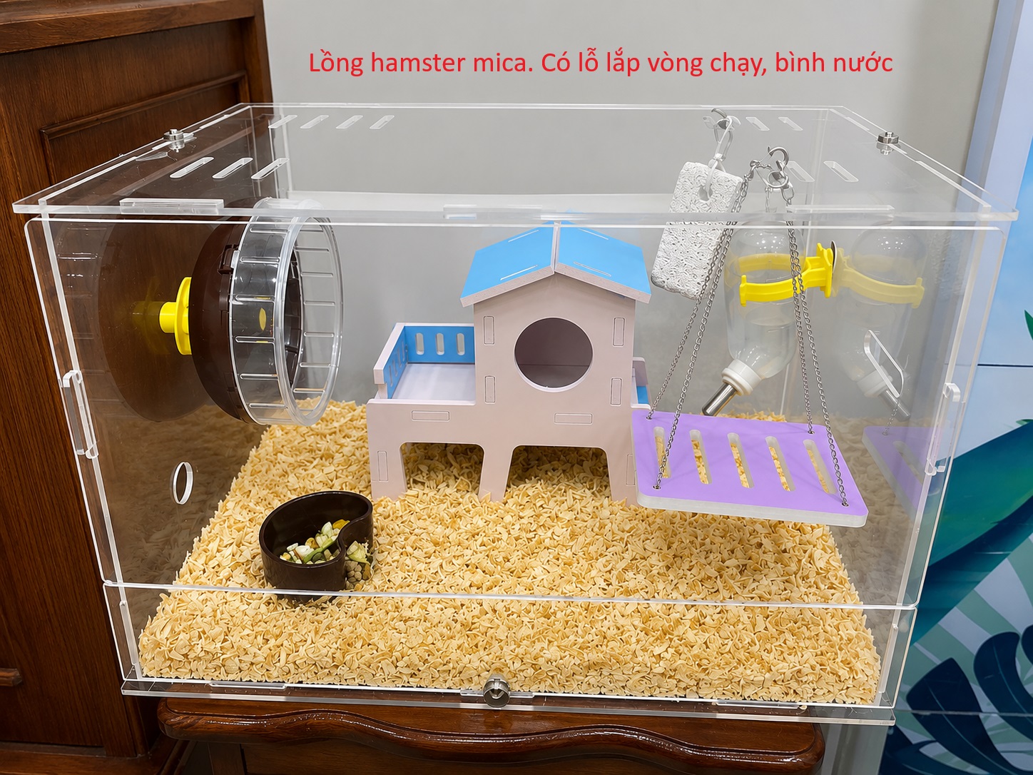 Mẫu chuồng hamster mica với phụ kiện minh họa